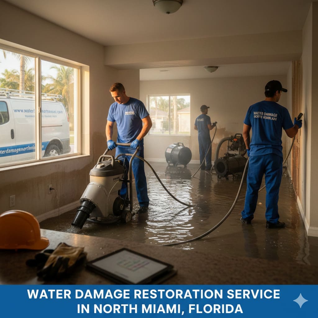 Complete water damage restoration team working on North Miami home reconstruction